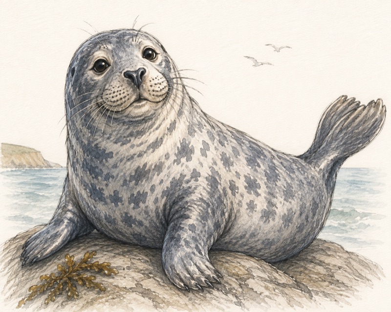 Lowen, an old Cornish grey seal, hauled out on a rock with the sea behind him